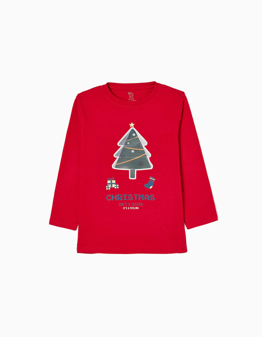 T-shirt de Manga Comprida em Algodão para Criança 'Árvore de Natal', Vermelho