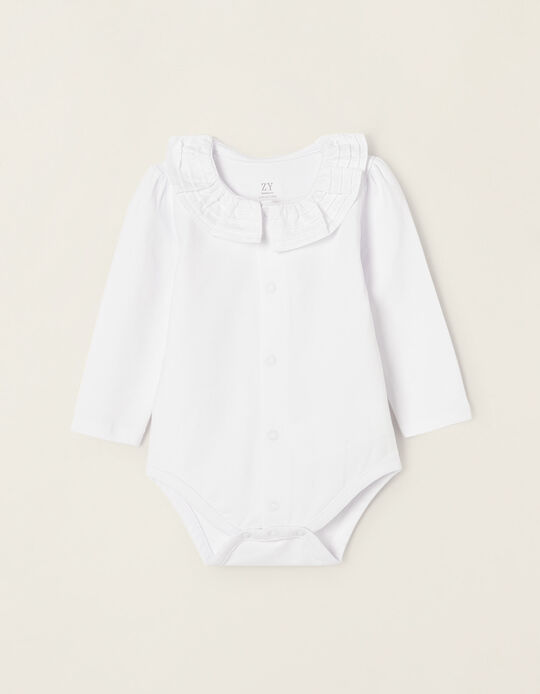 Cotton Bodysuit with Frills for Newborn Baby Girls, White