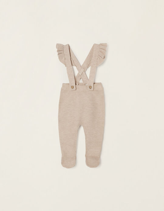 Knit Trousers with Removable Straps for Newborn Baby Girls, Beige