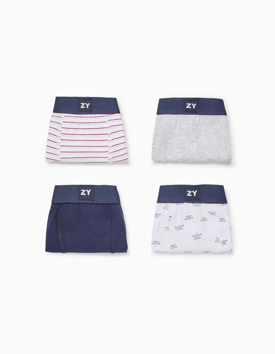 4-Pack Cotton Boxer Shorts for Boys 'Stripes & Boats', Multicoloured