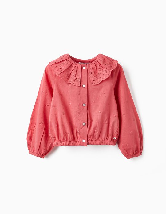 Shirt with Ruffle and English Embroidery for Girls, Dark Pink