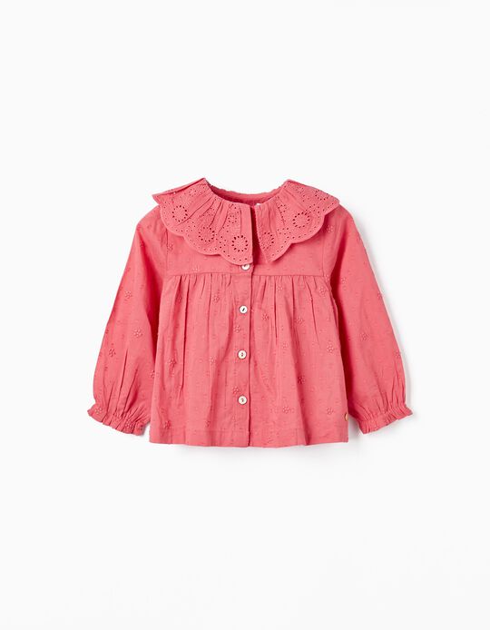 Shirt in Cotton with English Embroidery Collar for Baby Girls, Pink