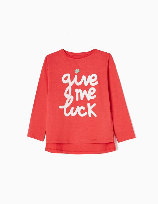 Long Sleeve Cotton T-shirt for Girls 'Good Luck', Red