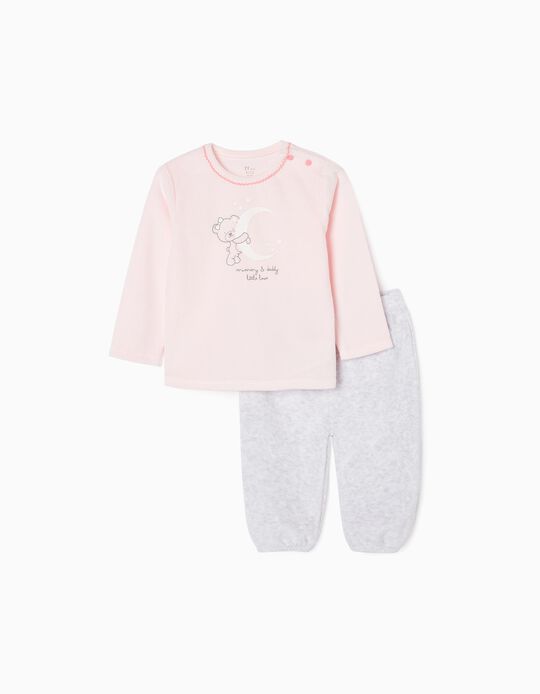 Pijama de Terciopelo para Bebé Niña 'Osito', Rosa/Gris