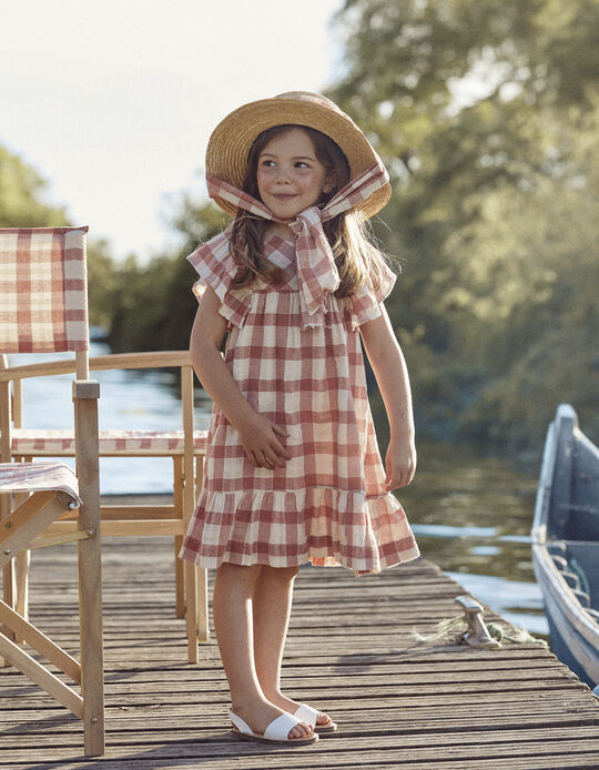 Plaid Dress in Cotton with Ruffles for Girls, Beige/Salmon