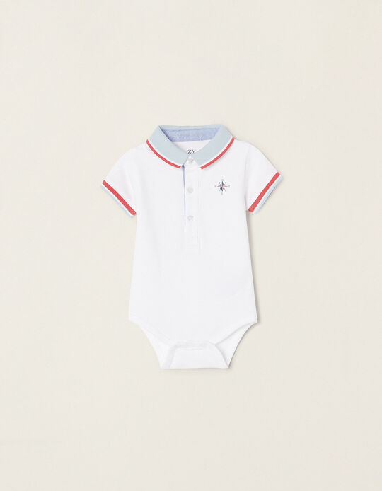 Cotton Polo-Bodysuit for Newborn Baby Boys, White
