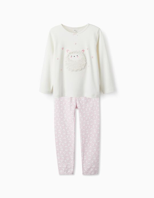 Long Sleeve Cotton Pyjamas for Girls 'Cute Sheep', White/Pink