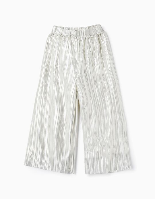 Pleated Trousers for Girls, White/Silver