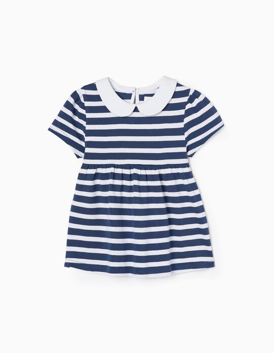 Striped Cotton T-shirt for Girls, White/Dark Blue