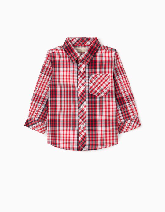 Camisa Manga Comprida Xadrez para Bebé Menino, Branco/Vermelho