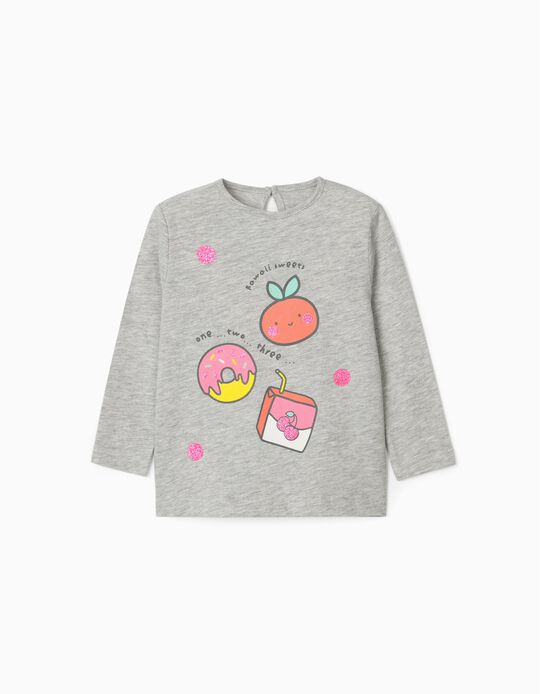 T-Shirt de Manga Comprida para Bebé Menina 'Kawaii Sweets', Cinza