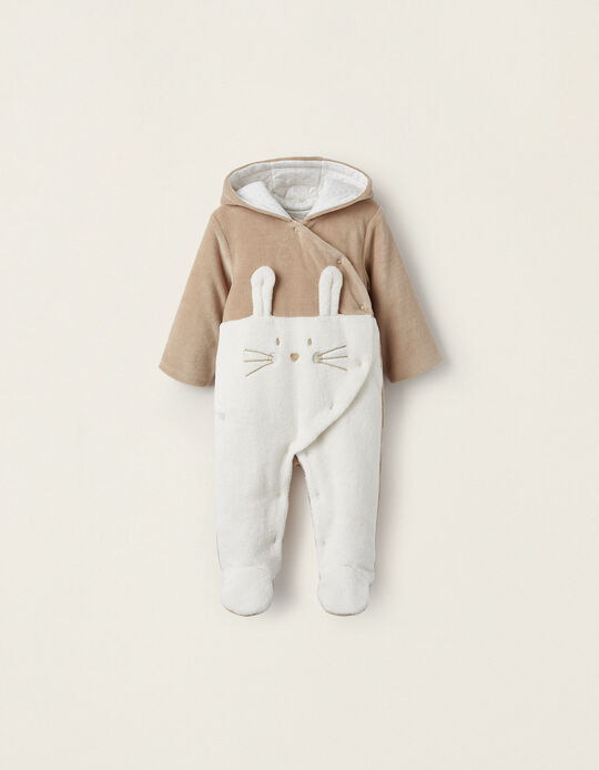 Hooded Jumpsuit with Padding for Newborns 'Rabbit', Beige/White