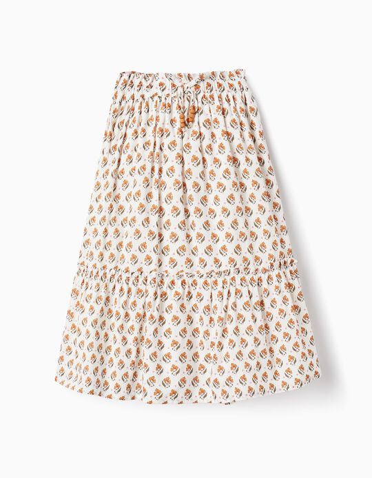 Cotton Skirt with Floral Pattern for Girls, White