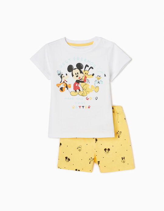 Pijama Algodão T-Shirt + Calções para Bebé Menino 'Mickey & Friends', Branco/Amarelo
