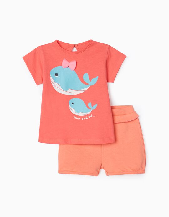 T-Shirt + Calções para Bebé Menina, Coral/Laranja