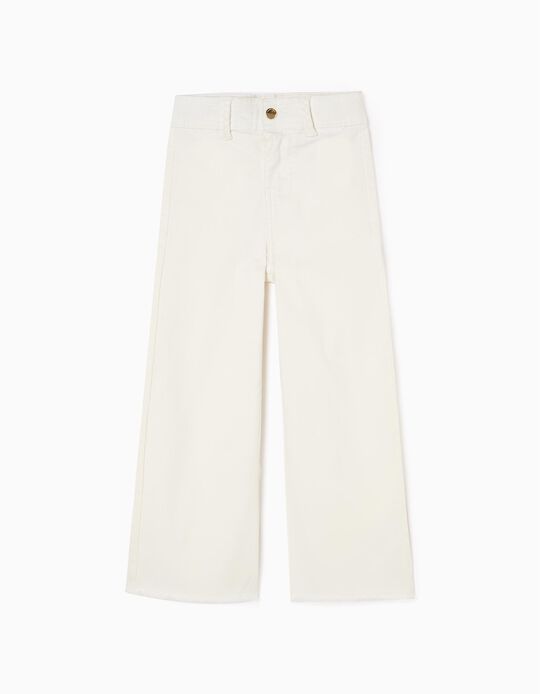 Pantalon en Sergé de Coton Fille 'Wide Leg', Blanc