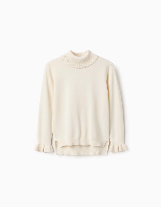 Acheter en ligne Pull en Maille à Col Roulé et Poignets Ondulés pour Fille, Blanc