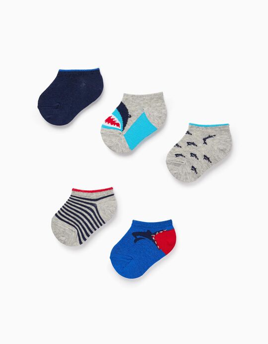 Pack of 5 Pairs of Ankle Socks for Baby Boys 'Shark', Multicolour