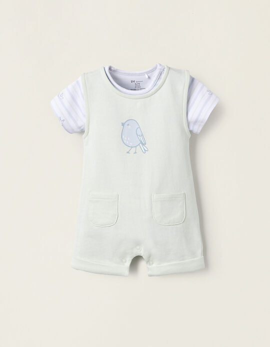 Bodysuit + Cotton Jumpsuit for Newborns 'Bird', White/Green