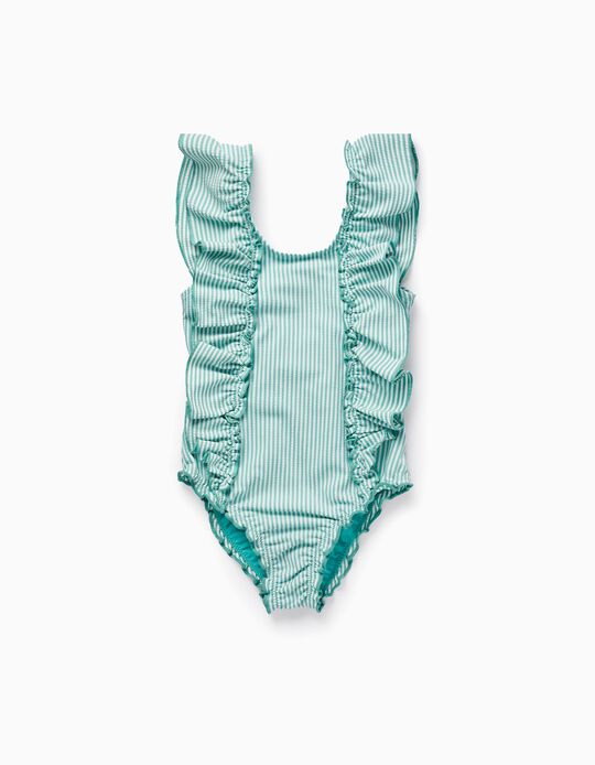 Striped Swimsuit with Ruffles for Girls, Green/White