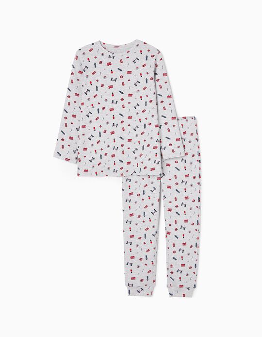 Pijama Canelado em Algodão para Menino 'London', Cinza Claro