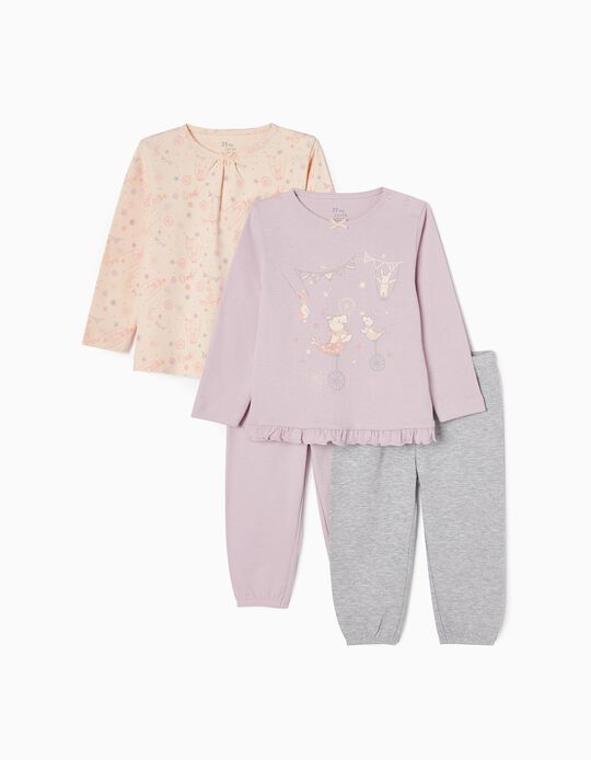 Pack 2 Pijamas de Algodão para Bebé Menina 'Circo', Rosa/Lilás/Cinza