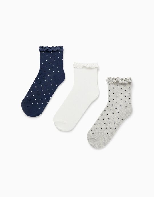 Pack of 3 Pairs of Lace Socks for Girls, Grey/White/Dark Blue