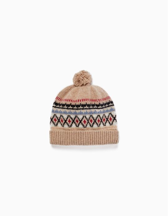 Wool Beanie with Jacquard and Pompom for Boys, Beige