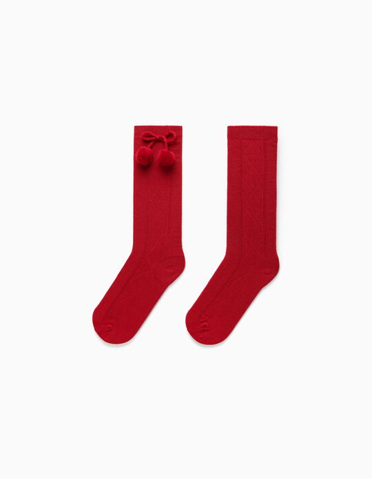 Knee-High Socks with Pompoms for Girls, Red