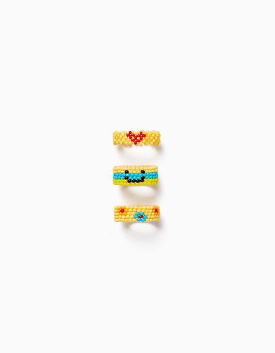 Pack of 3 Beaded Rings for Girls, Yellow