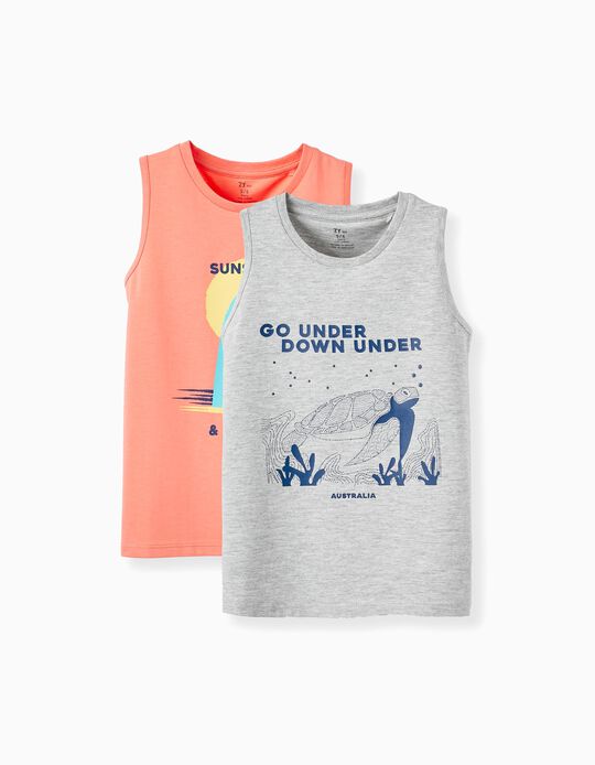 2 Sleeveless Cotton T-shirts for Boys 'Australia', Grey/Coral