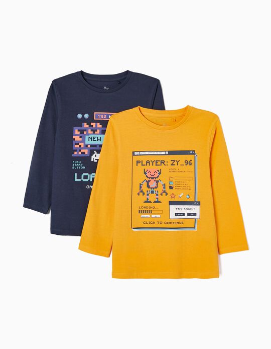 Pack 2 T-shirts de Manga Comprida em Algodão para Menino 'New Game', Amarelo/Azul Escuro
