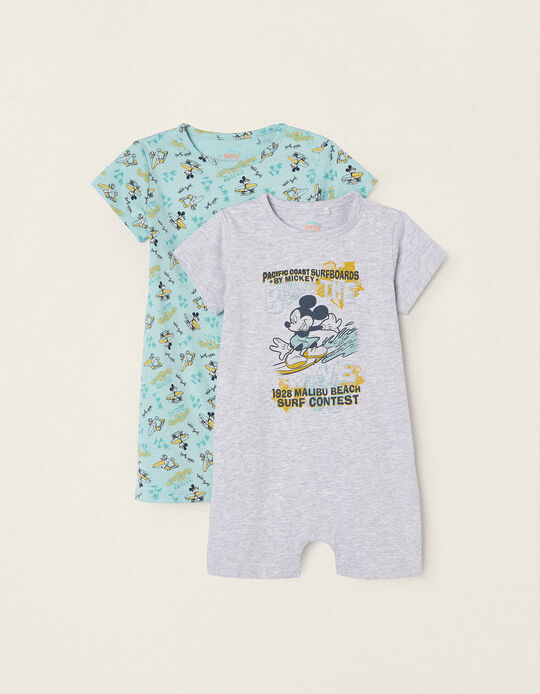 Pack 2 Cotton Romper Pyjamas for Baby Boys 'Mickey', Grey/Blue