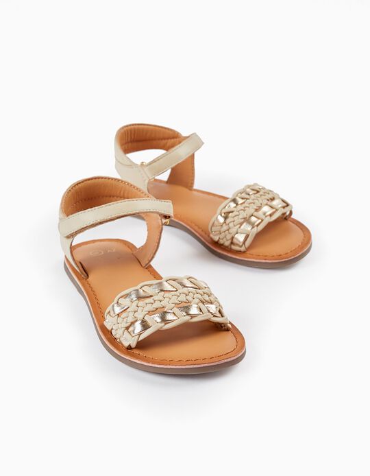 Buy Online Leather Sandals for Girls, Beige/Gold