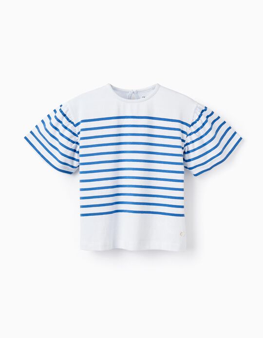 Camiseta a Rayas de Algodón para Niña, Blanco/Azul