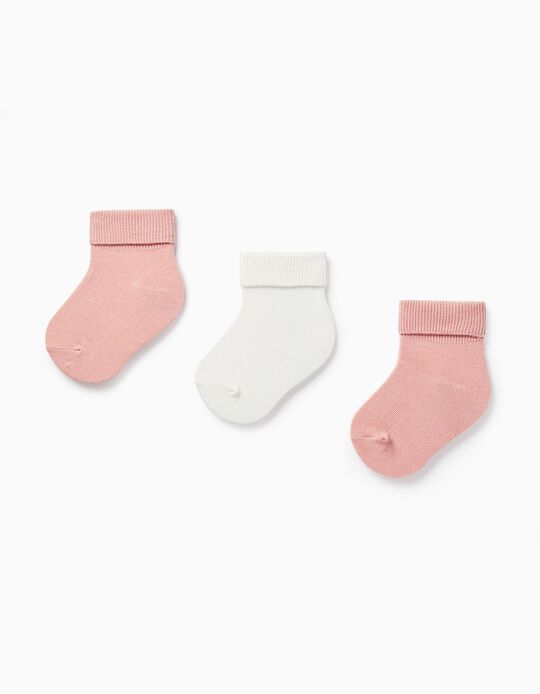 Pack of 3 Knitted Cotton Socks for Baby Girl, White/Pink