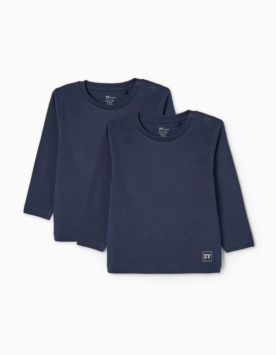 2 T-shirts à Manches Longues en Coton Bébé Garçon, Bleu Foncé