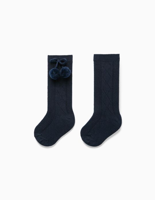 Knee-High Socks with Pompoms for Baby Girls, Dark Blue