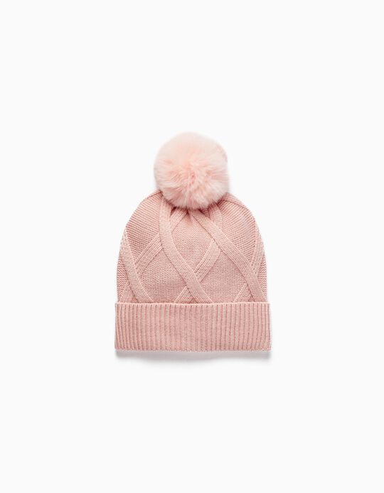 Knitted Beanie with Pompom for Girls, Pink