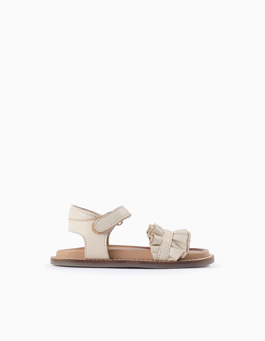 Buy Online Leather Sandals with Ruffles for Baby Girls, Beige