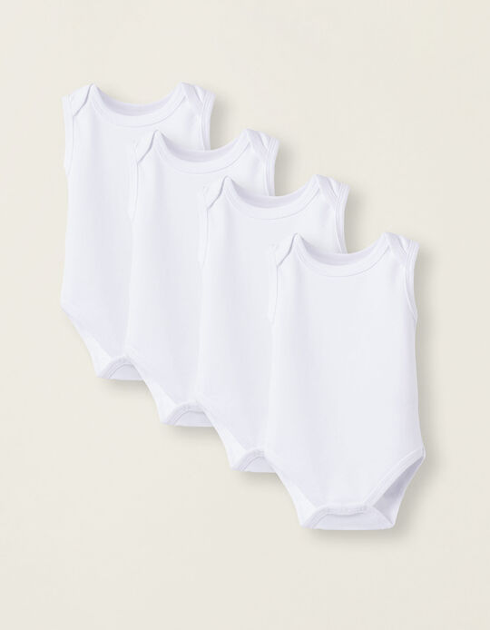 Pack of 4 Sleeveless Cotton Bodysuits for Newborns, White