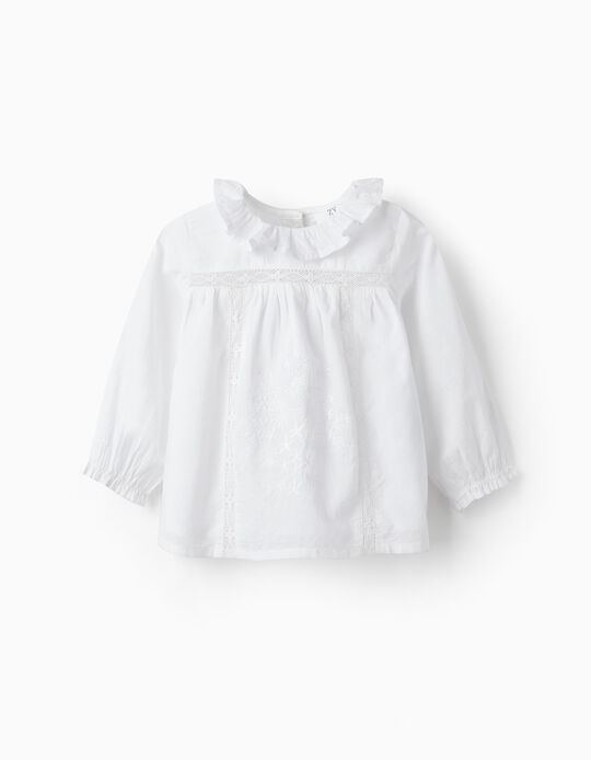 Blouse with Lace and Embroidery for Baby Girls, White