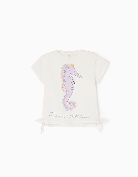 Cotton T-shirt for Girls 'Seahorse', White