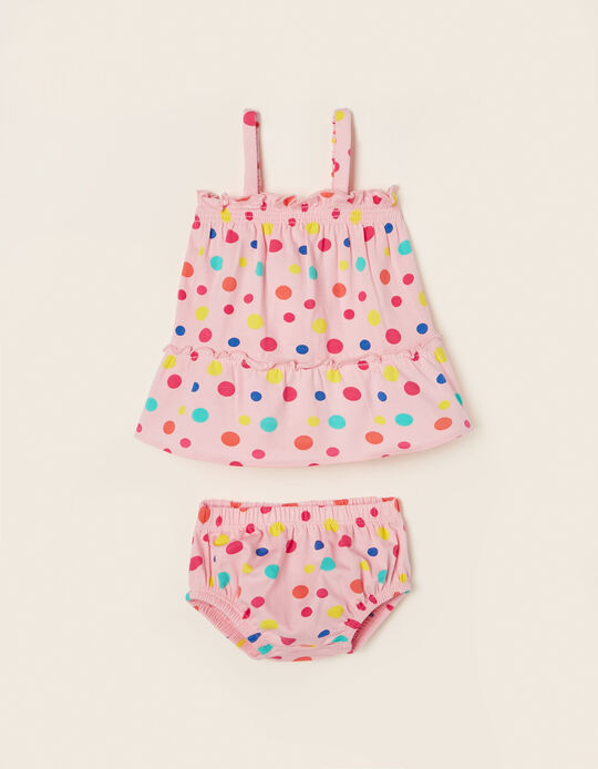 Polka-dot Strappy Top + Bloomers in Cotton for Newborn Baby Girls, Pink