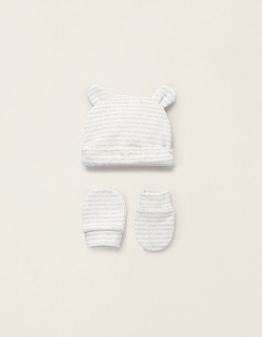 Beanie with Ears + Cotton Gloves for Newborns, White/Grey