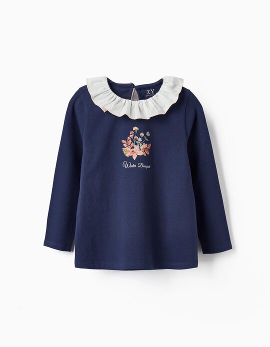 T-Shirt in Cotton Jersey with Ruffle for Girls, Dark Blue