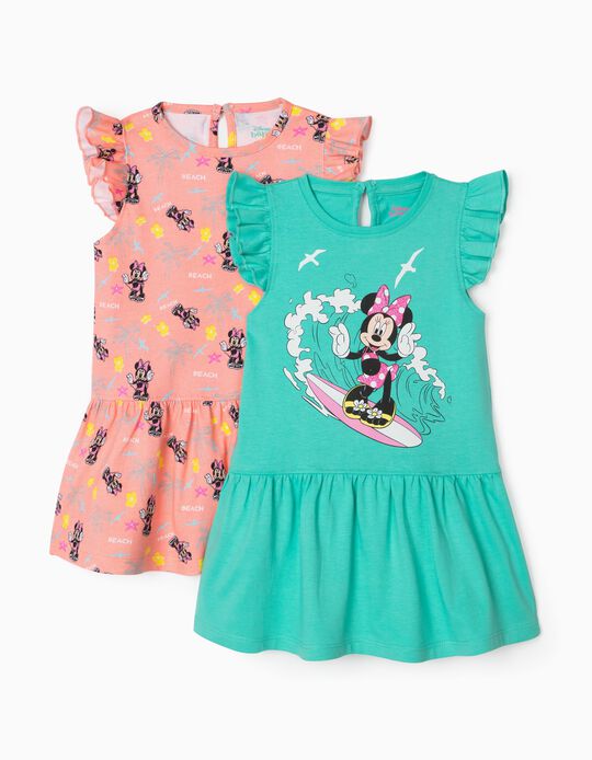 2 Vestidos para Bebé Menina 'Minnie', Verde Água/Coral