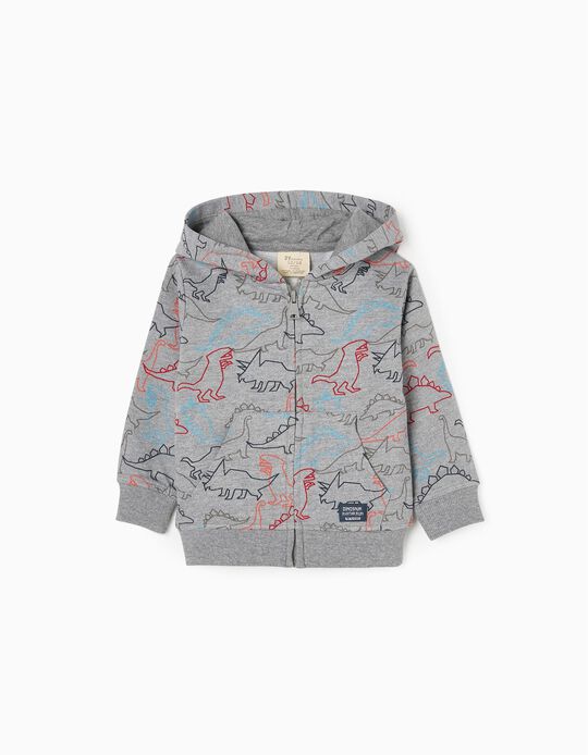 Hooded Jacket in Cotton for Baby Boys 'Dinosaurs', Grey