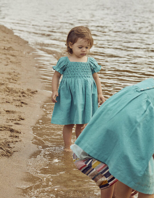 Cotton and Linen Dress for Baby Girls, Aqua Green
