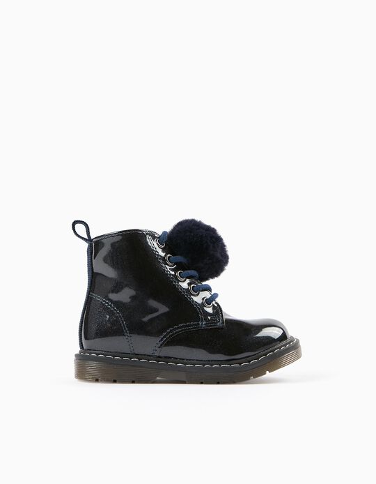 Patent Boots with Pompom for Baby Girls, Dark Blue